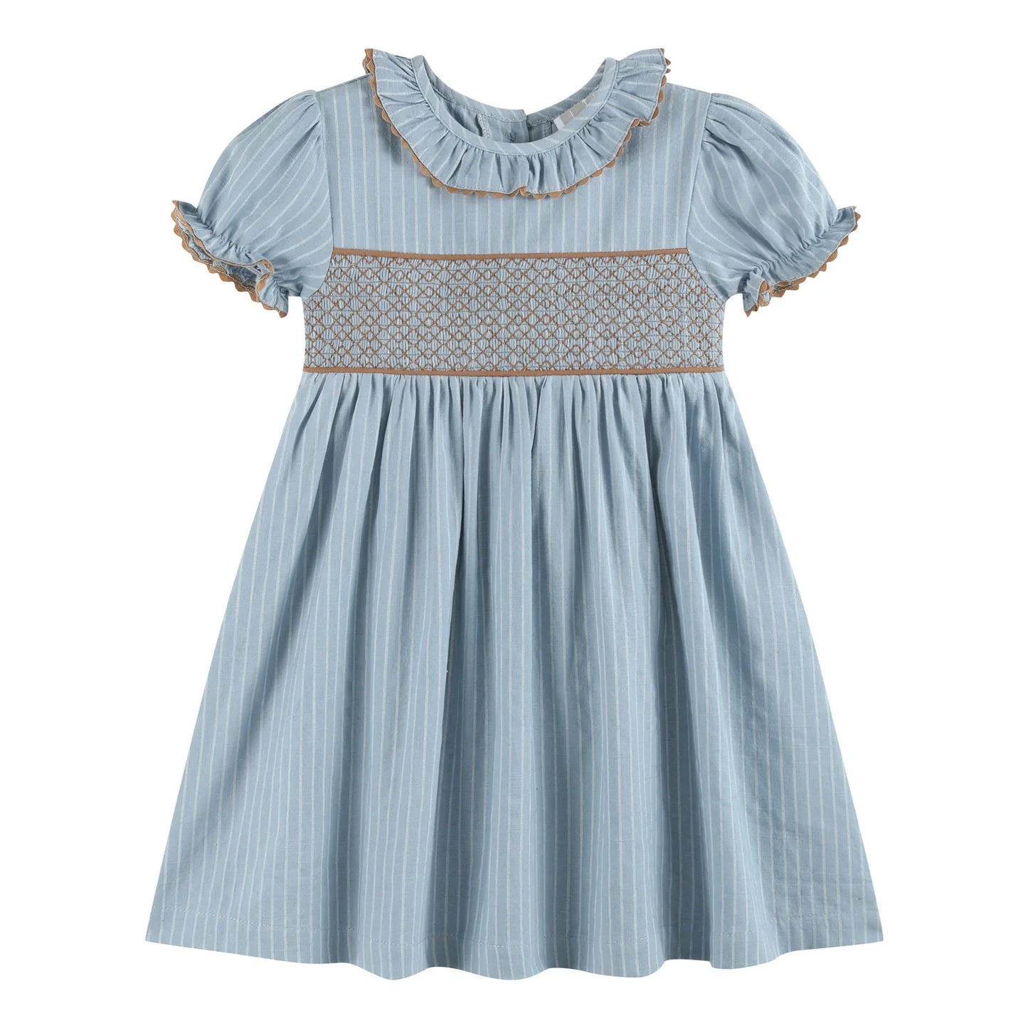 Pinstripe Smocked Ruffle Collar Dress