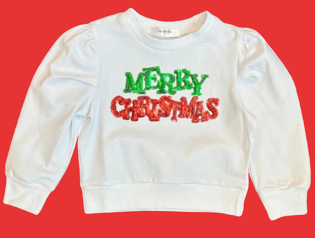 Christmas Sequin Long Sleeve Merry Christmas Top - White - Lulu Bebe