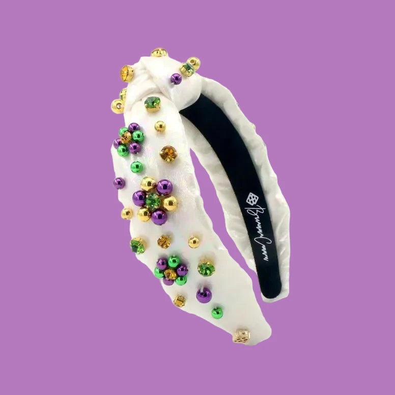 Headband - White Shimmer Mardi Gras Headband w/Beads & Crystals, Child