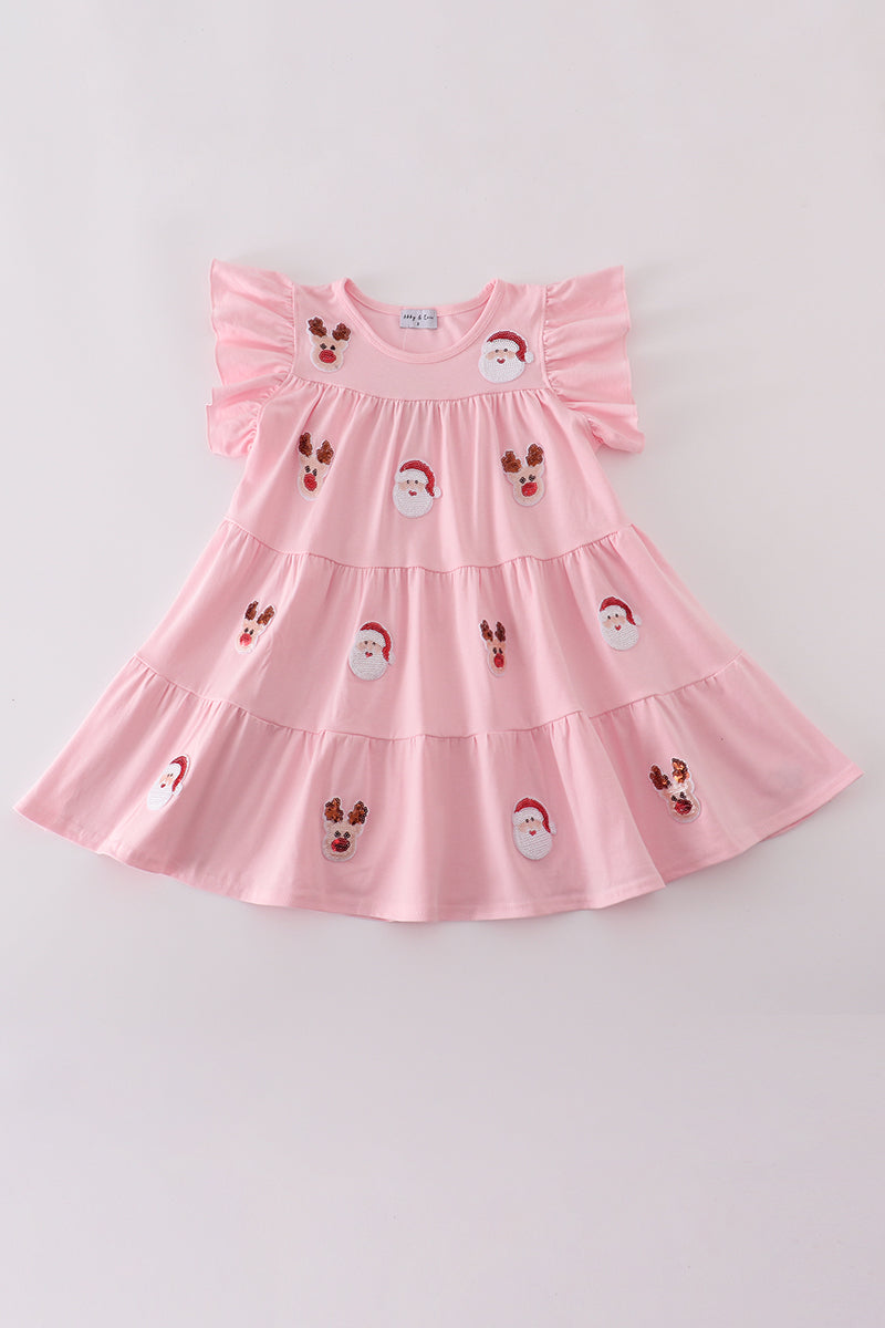 Santa Sequin Tiered Ruffle Dress - Pink