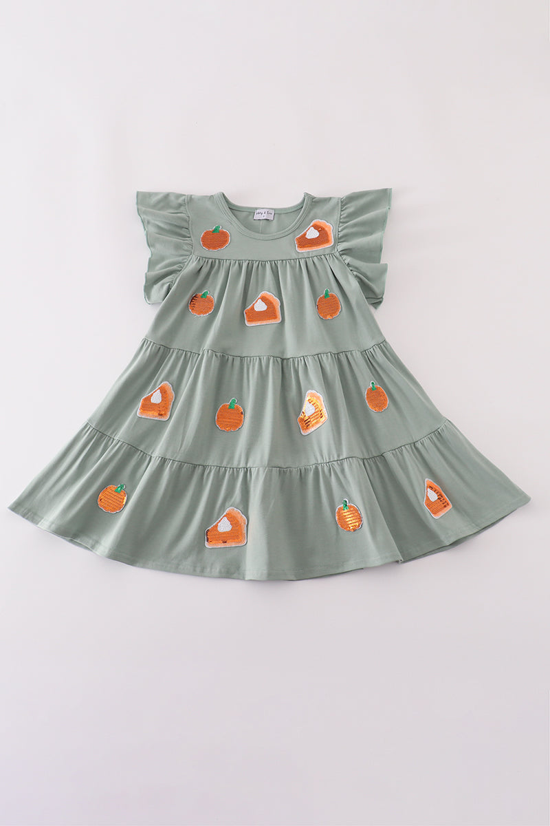Pumpkin Pie Sequin Tiered Ruffle Dress - Sage