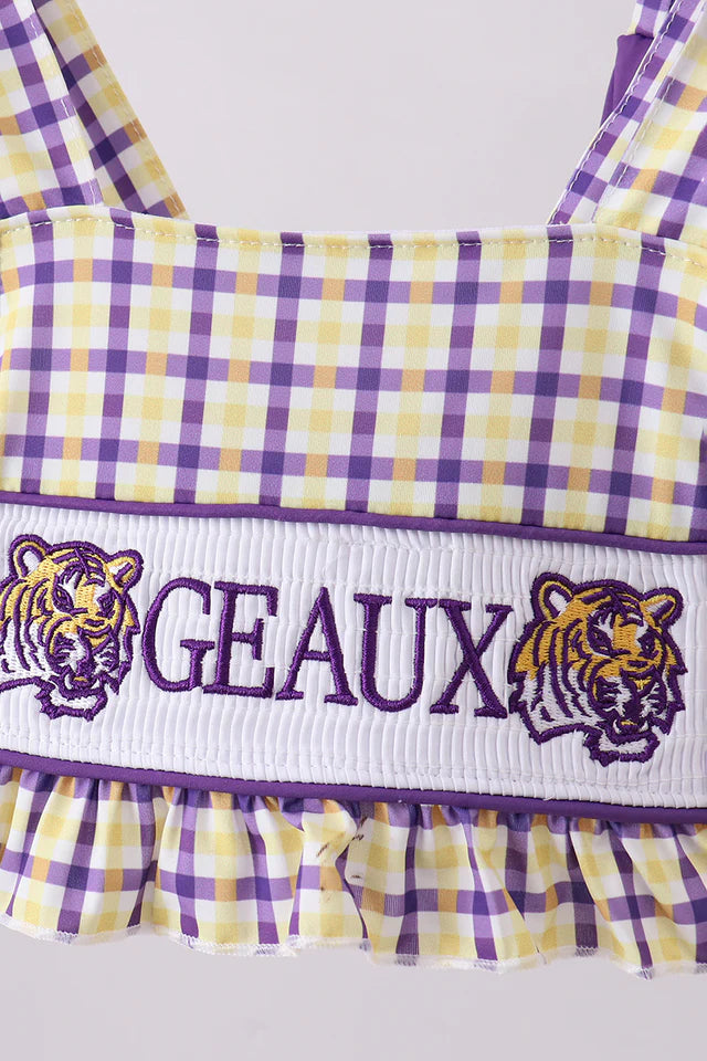 Purple LSU GEAUX smocked 2pc swimsuit