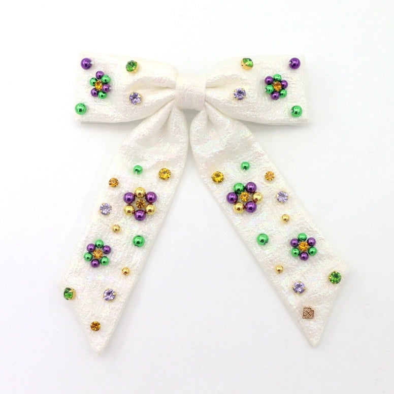 Hair Bow - White Shimmer Mardi Gras Bow Barrette with Crystals