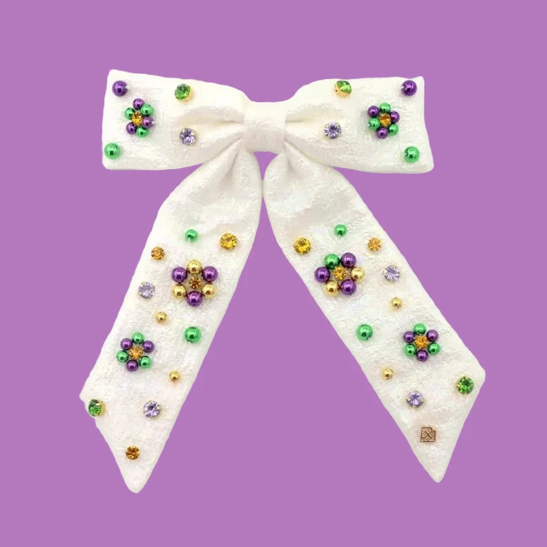 Hair Bow - White Shimmer Mardi Gras Bow Barrette with Crystals Mardi Gras