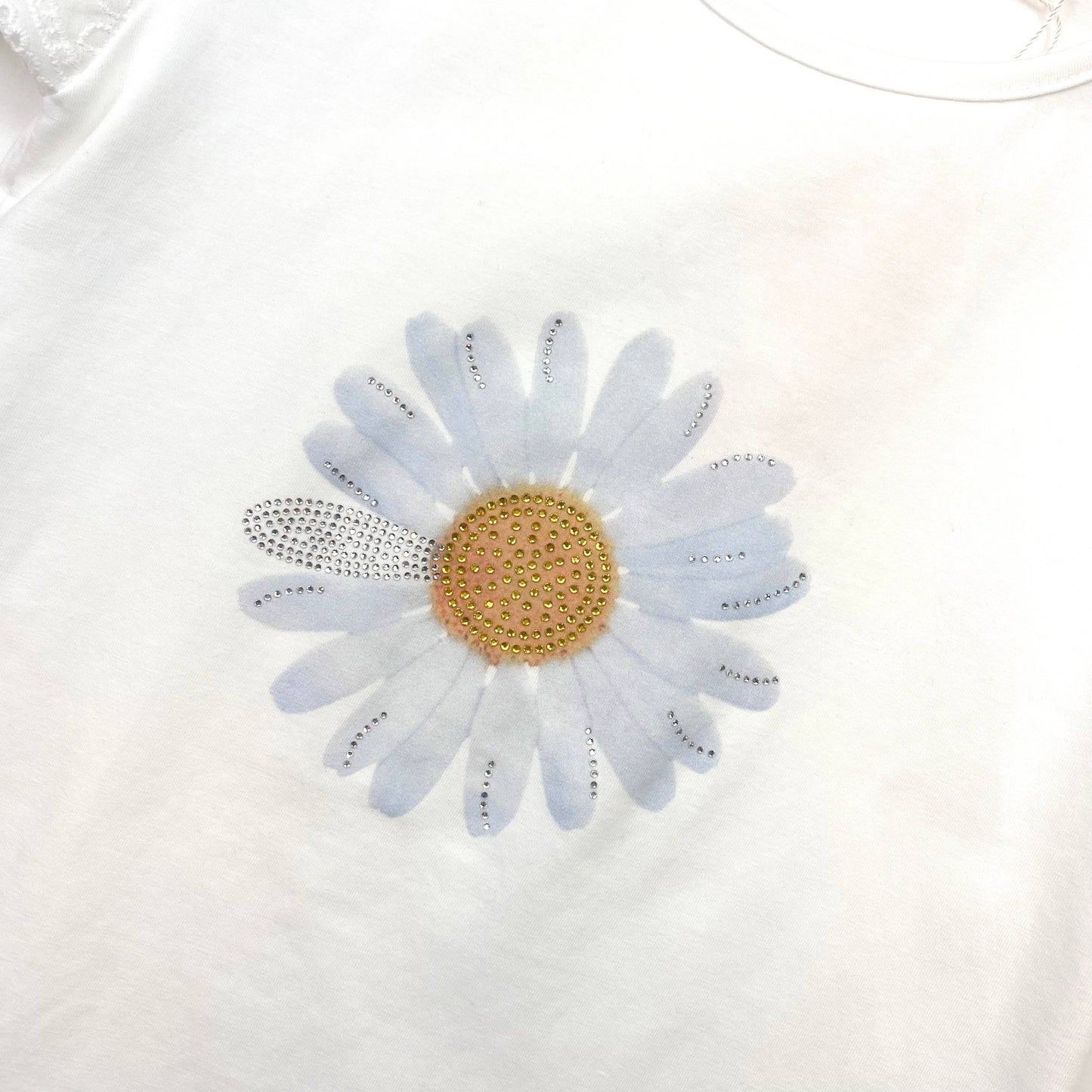 Rhinstone Floral Print Lace Sleeves Tee