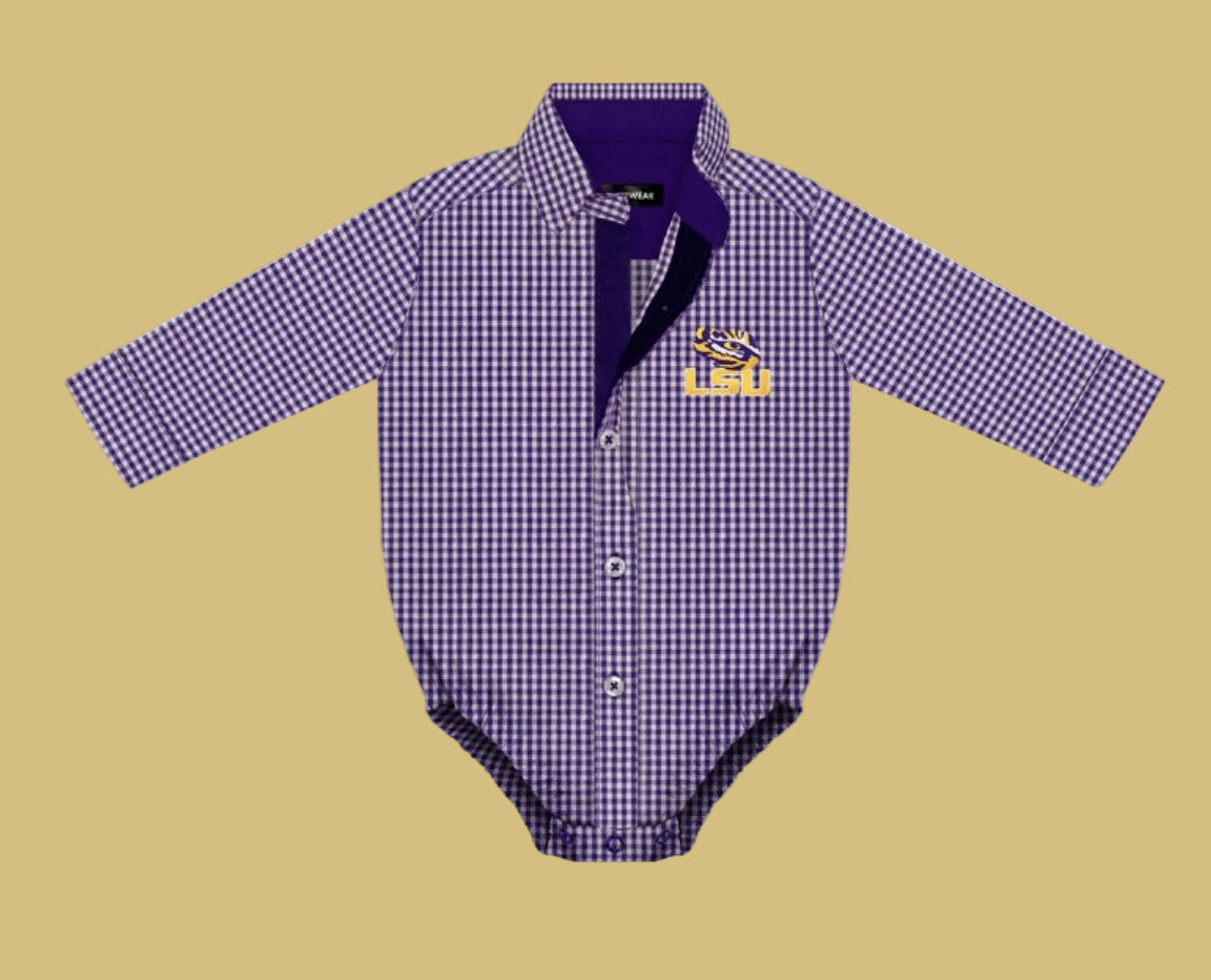 LSU Purple Gingham Bodysuit w/Bowtie