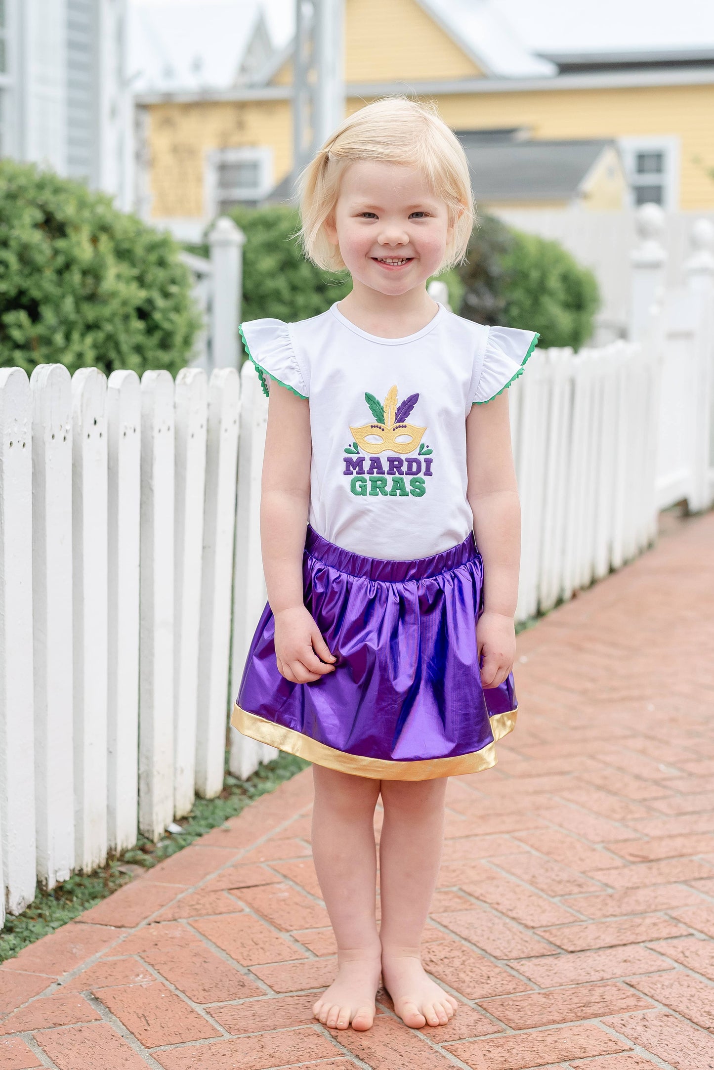 White Mardi Gras Applique Ruffle Shirt