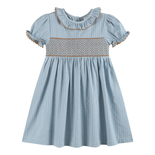 Pinstripe Smocked Ruffle Collar Dress