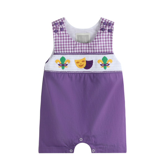 Purple and Gingham Mardi Gras Smocked Shortalls