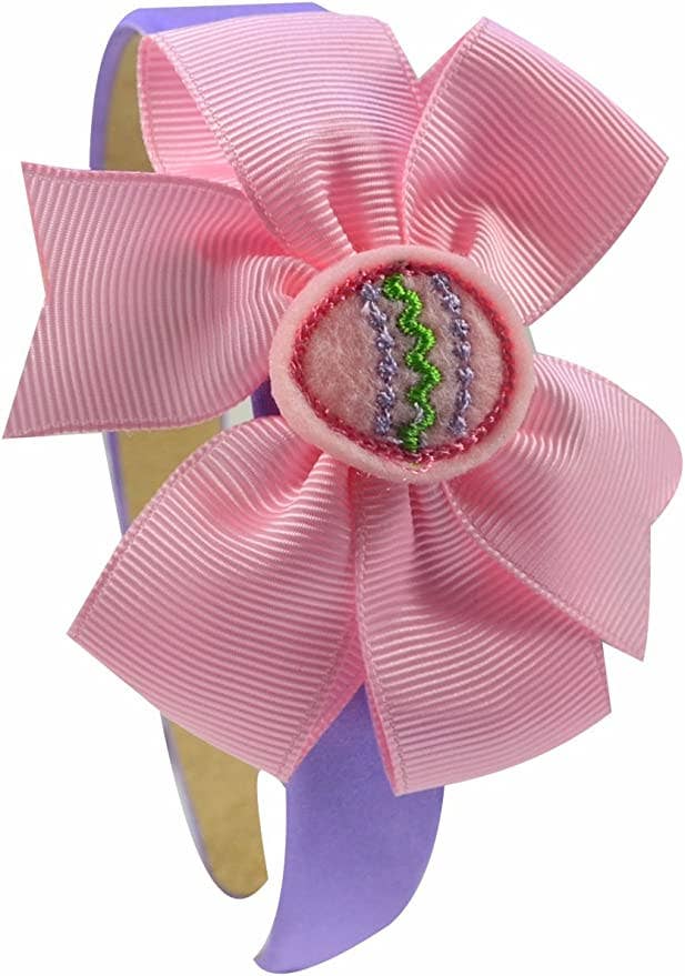 Easter Egg on Grosgrain Hair Bow Satin Arch Headband: Hot Pink