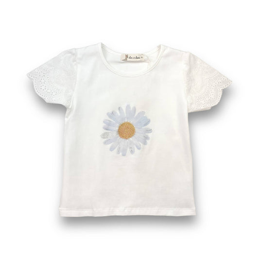 Rhinstone Floral Print Lace Sleeves Tee