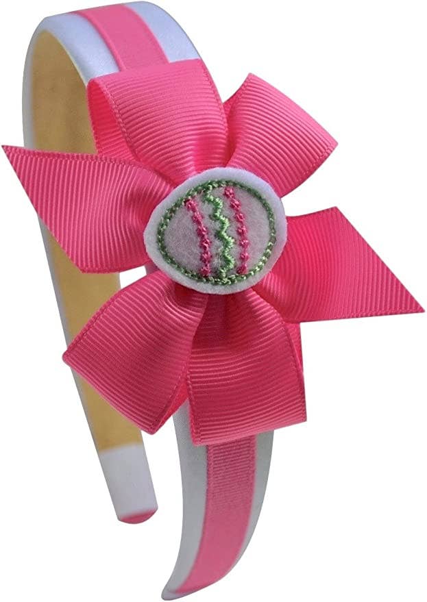 Easter Egg on Grosgrain Hair Bow Satin Arch Headband: Hot Pink