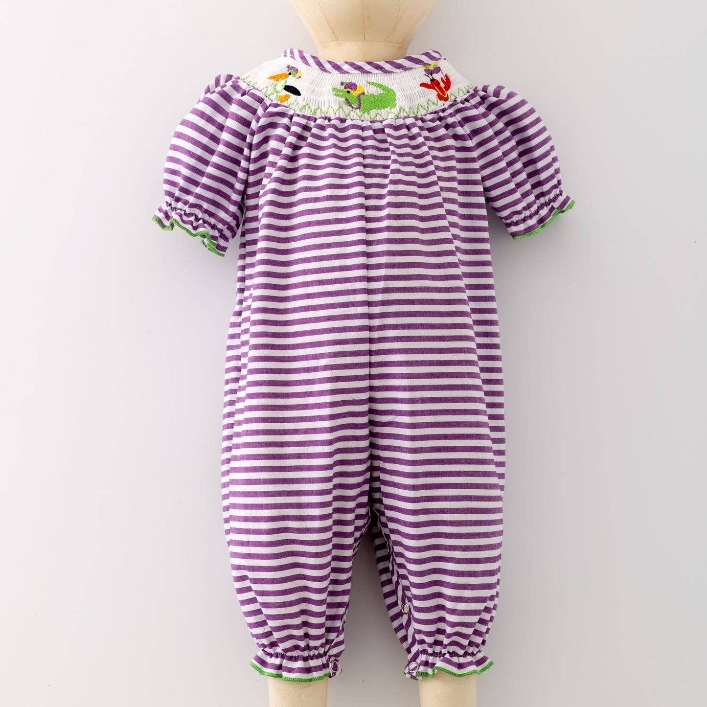 Mardi Gras Smocked Baby Romper