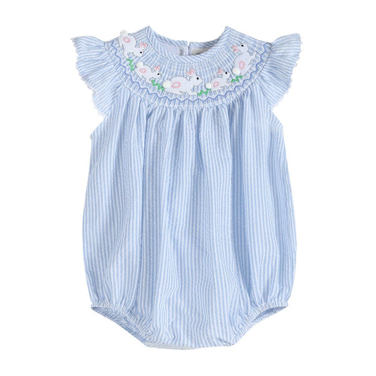 Blue Seersucker Bunny Smocked Flutter Romper