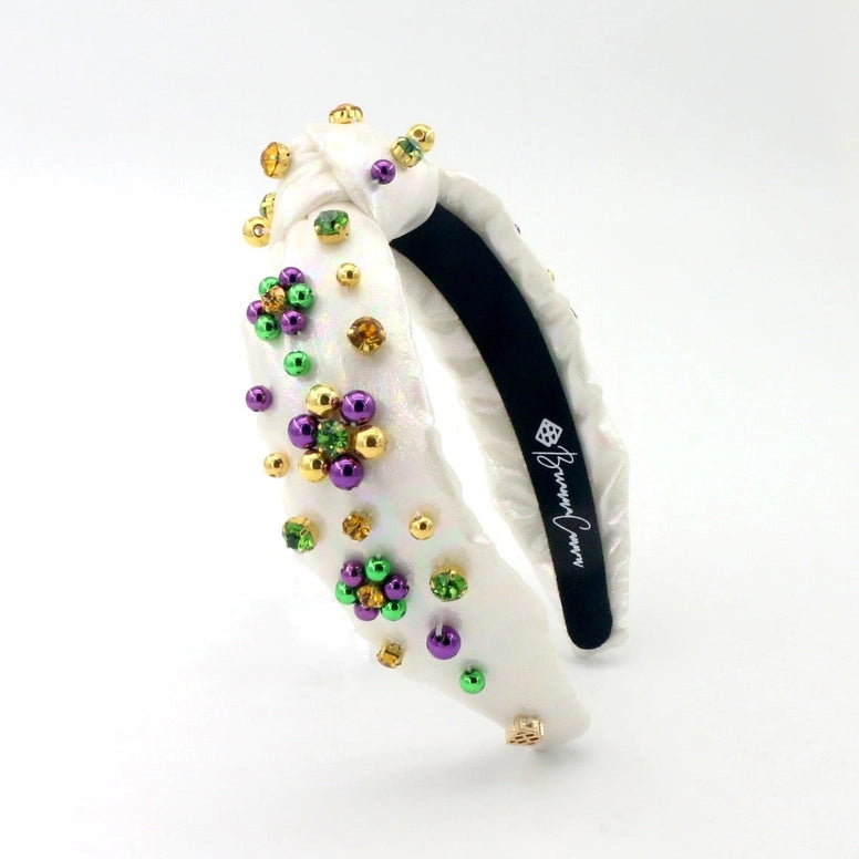 Child White Shimmer Mardi Gras Headband w/Beads & Crystals