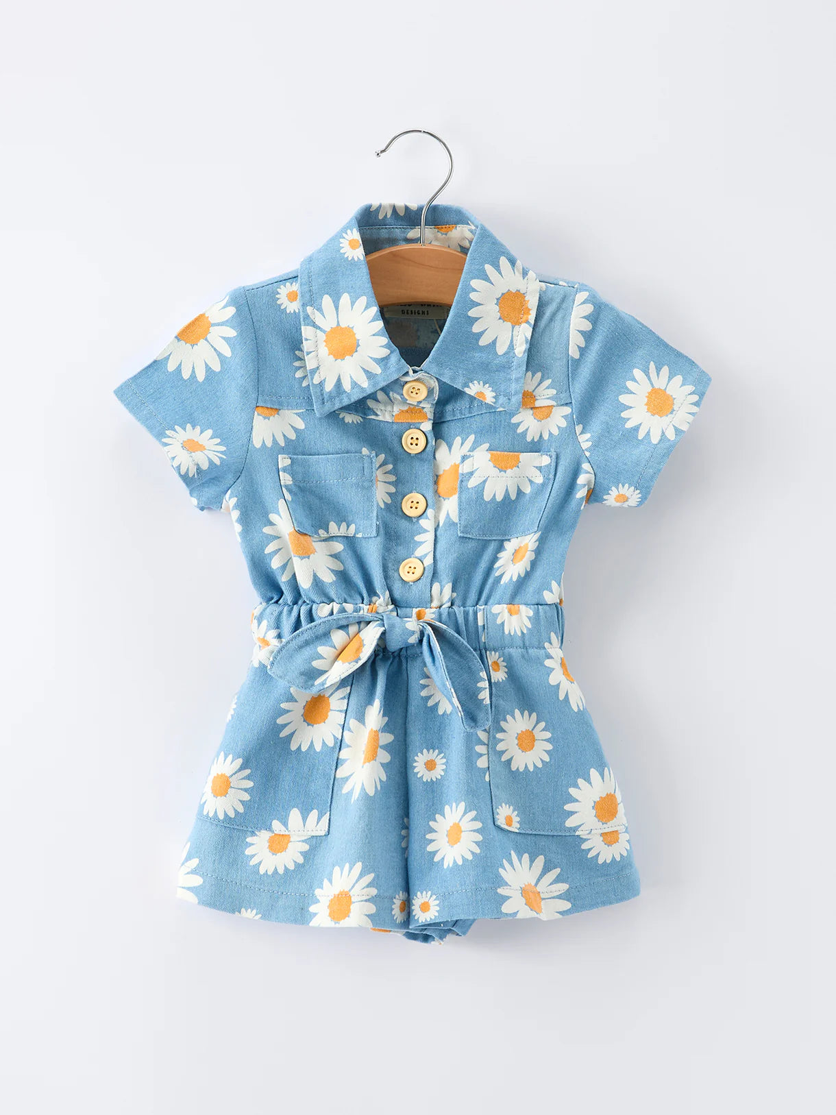 Spring Daisy Print Girls Blue Denim Jumpsuit