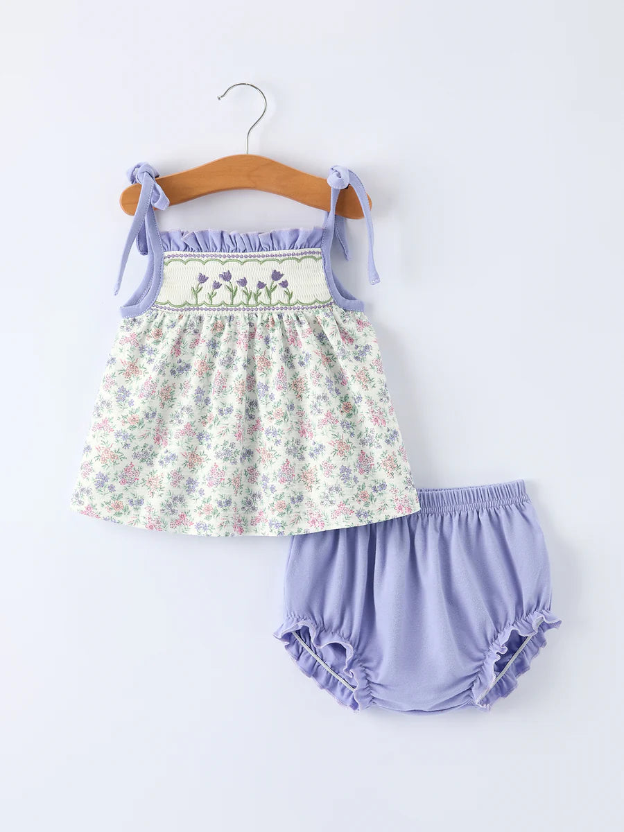 Purple Floral Smocked Embroidery Baby Girls Bloomers Set
