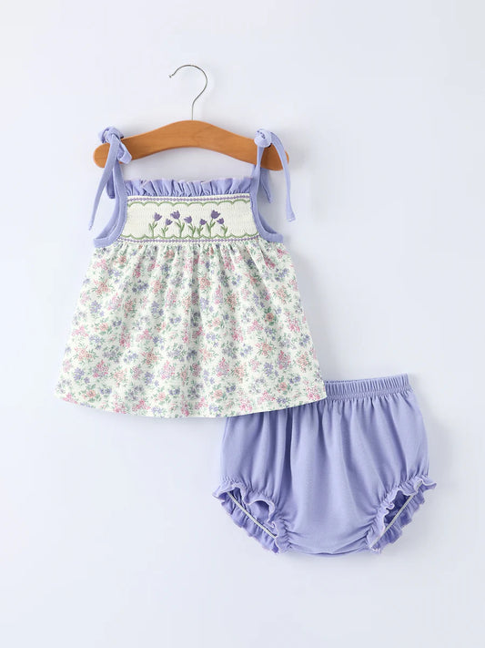 Purple Floral Smocked Embroidery Baby Girls Bloomers Set