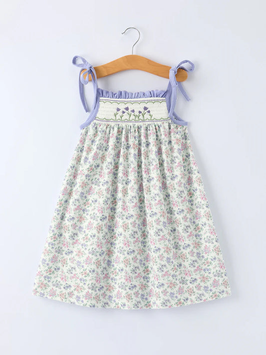 Spring Purple Floral Embroidered Smocked Bow Girl Dress