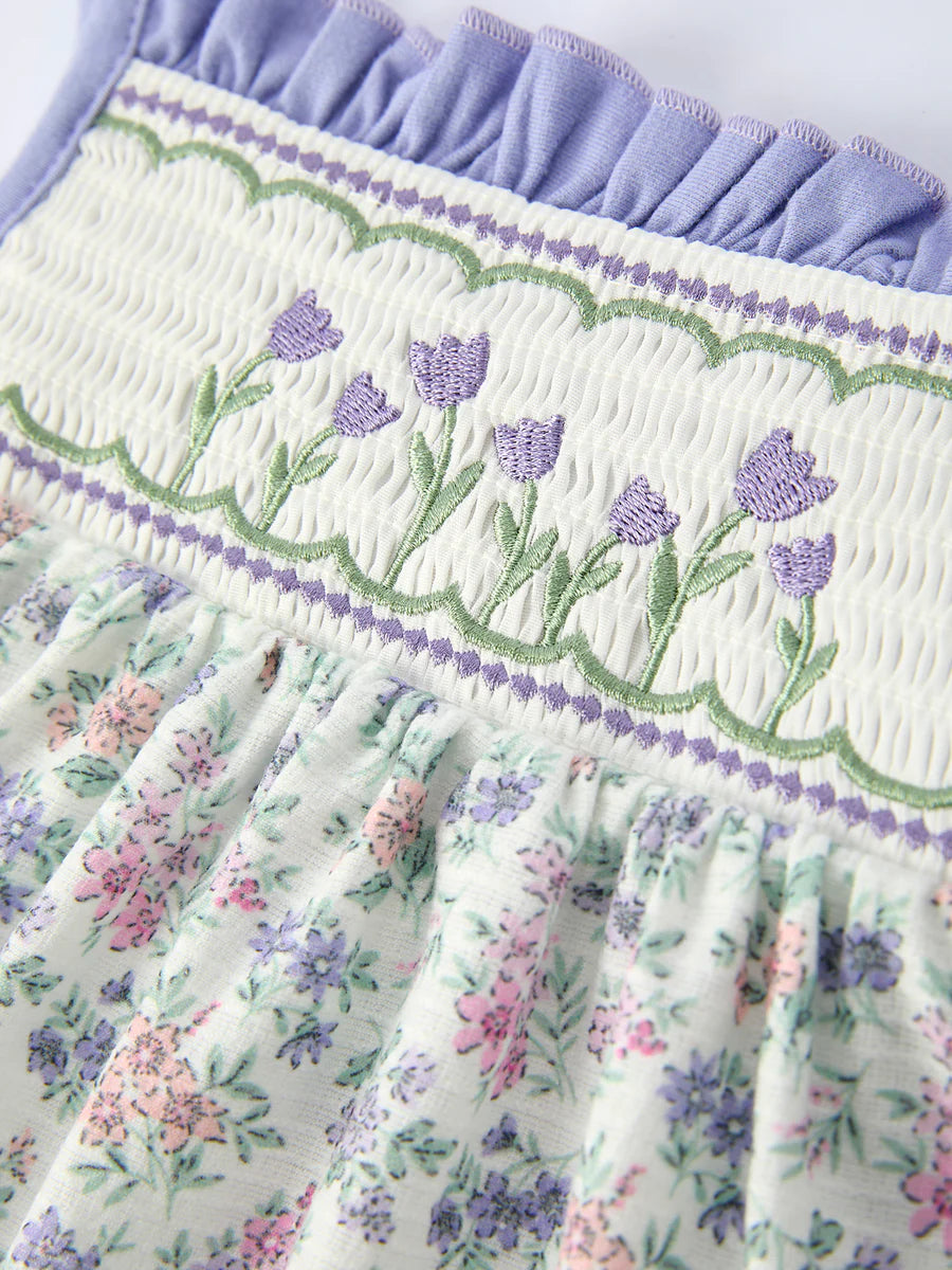 Spring Purple Floral Embroidered Smocked Bow Girl Dress