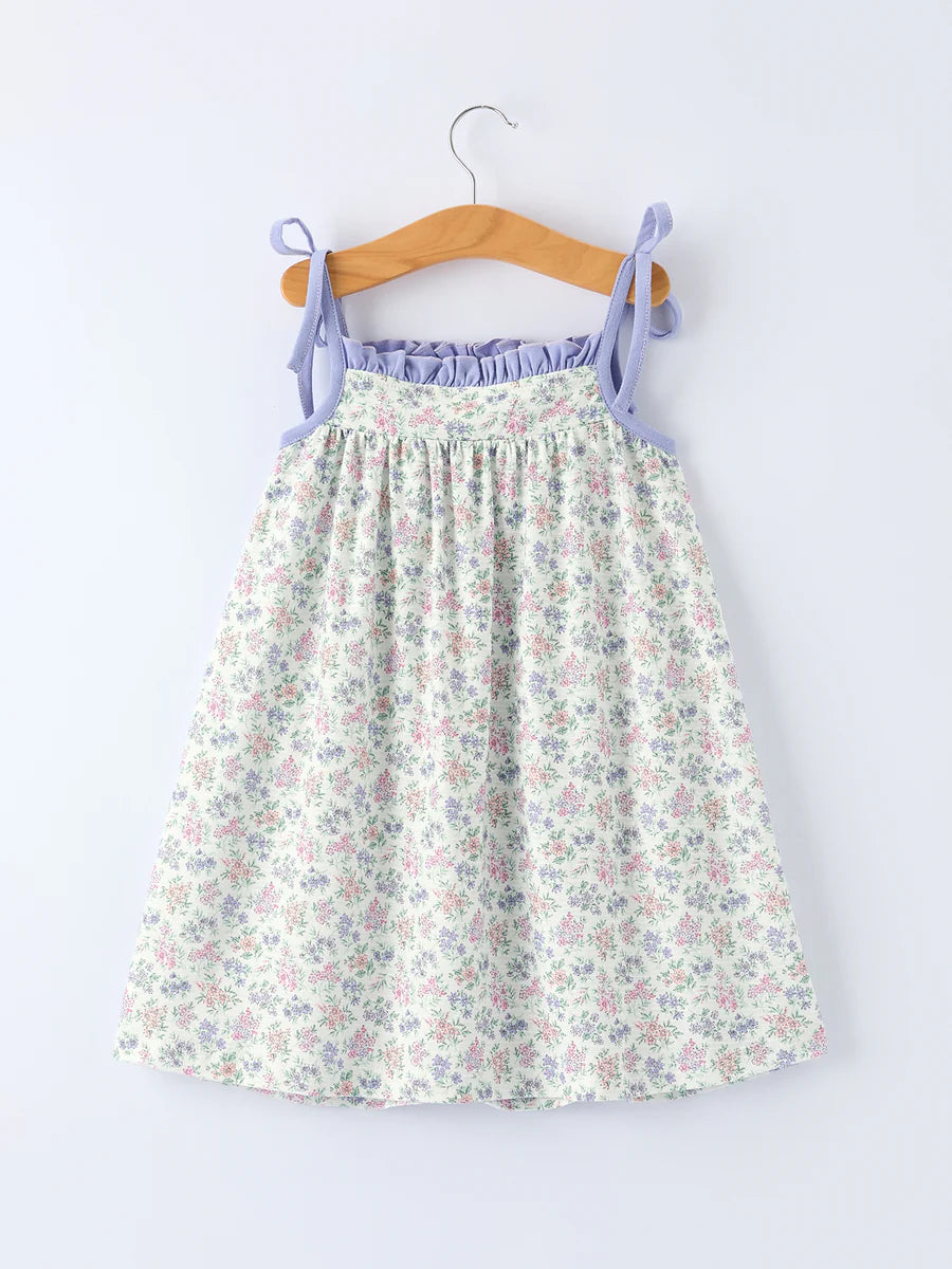 Spring Purple Floral Embroidered Smocked Bow Girl Dress
