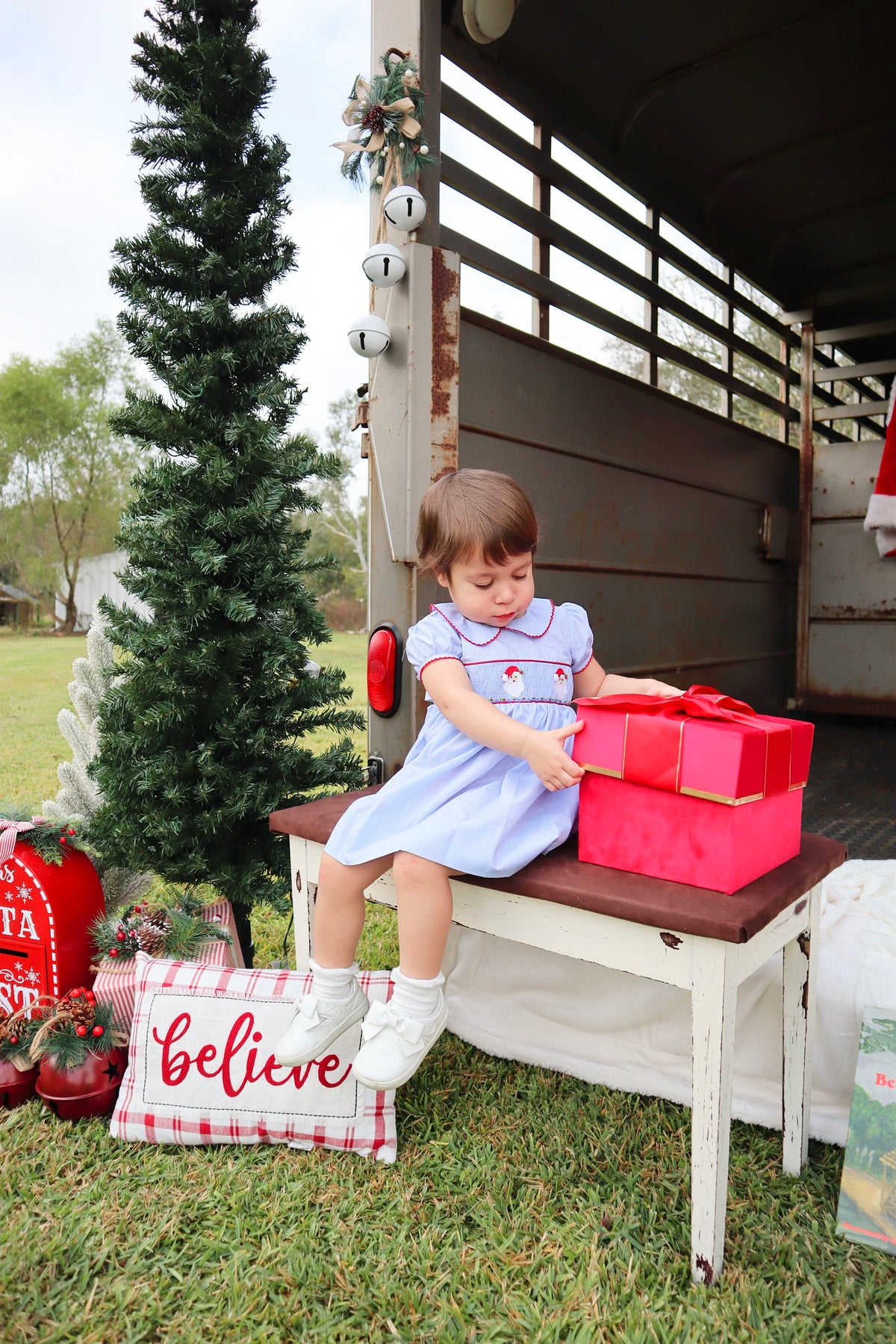 Christmas Santa Smocked Dress - Lulu Bebe - Light Blue