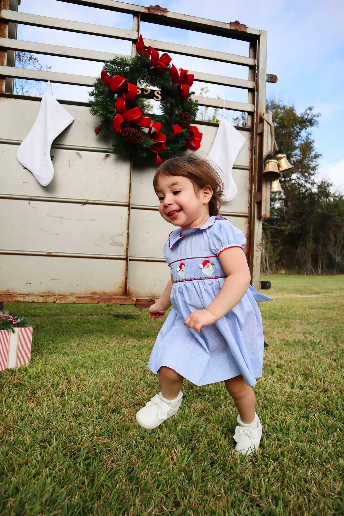Christmas Santa Smocked Dress - Lulu Bebe - Light Blue