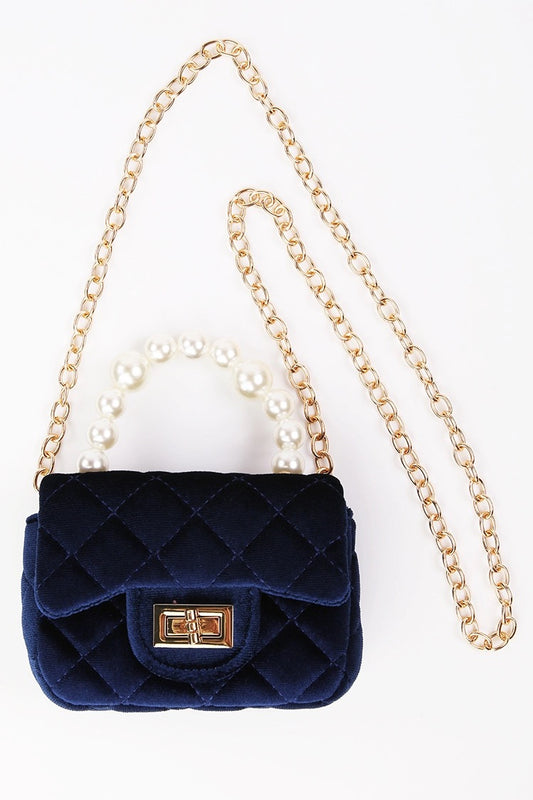 Purse - Navy Velvet Purse with Pearl Handle