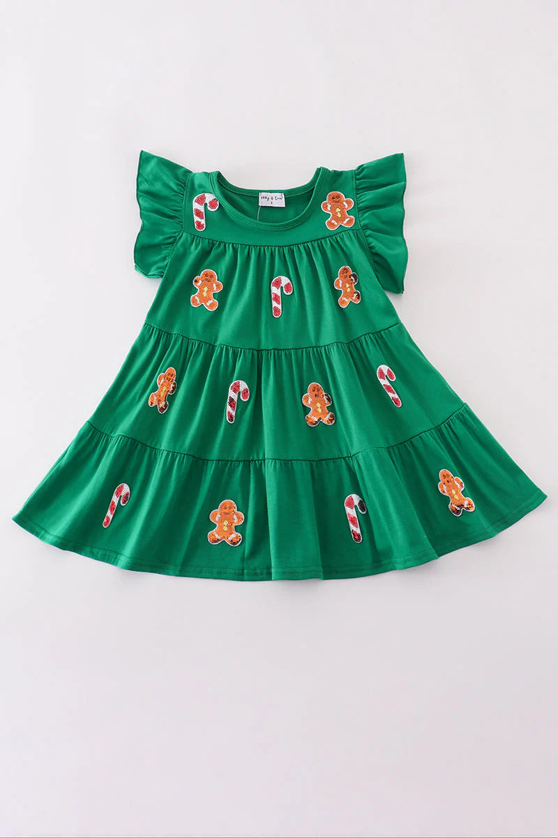 Christmas Sequin Tiered Ruffle Dress - Green