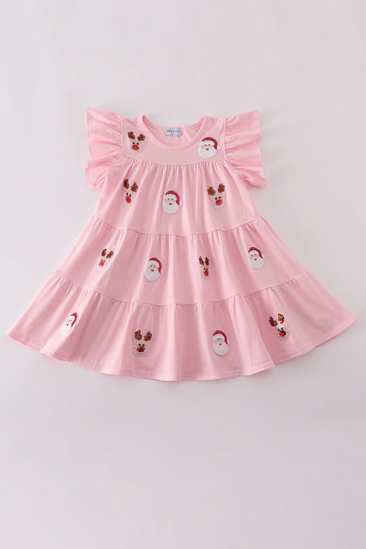 Santa Sequin Tiered Ruffle Dress - Pink