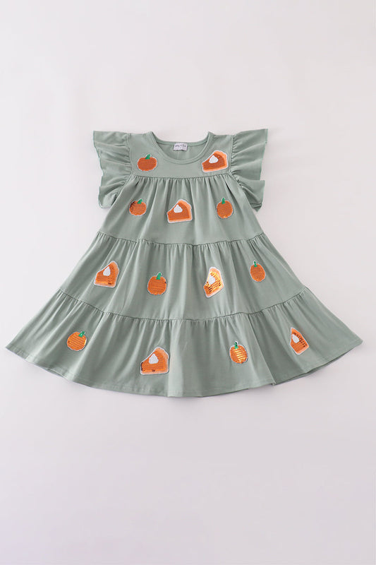 Pumpkin Pie  Sequin Tiered Ruffle Dress - Sage