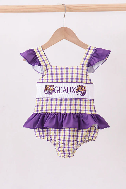 Purple LSU GEAUX smocked swimsuit