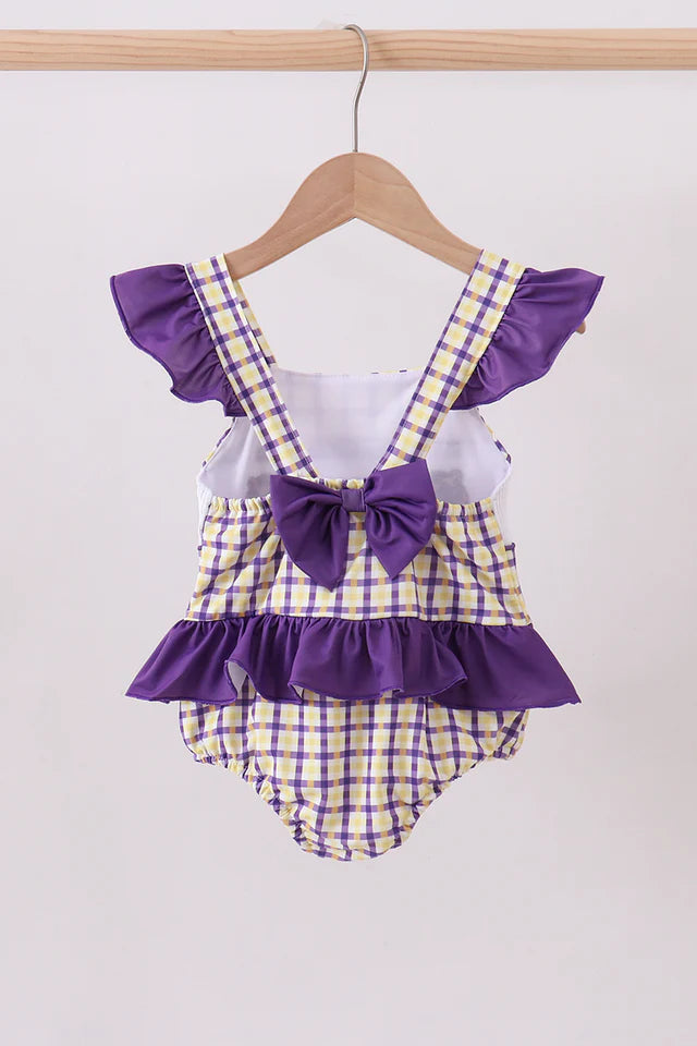 Purple LSU GEAUX smocked swimsuit