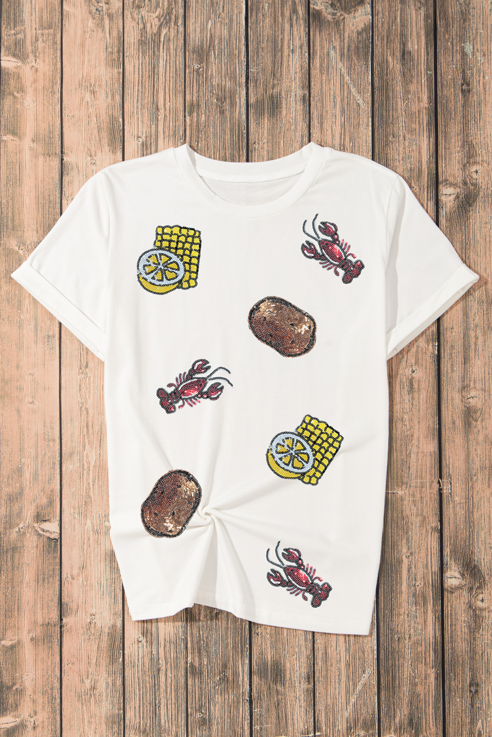 Sequin Crawfish Potato Lemon Corn Graphic White Crewneck T Shirt -Adult