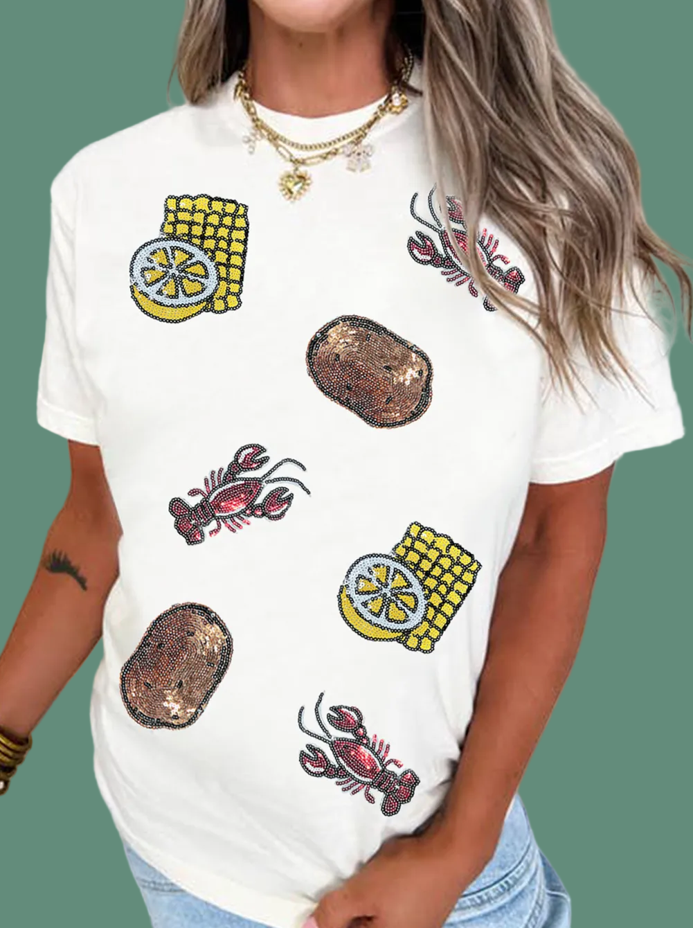 Sequin Crawfish Potato Lemon Corn Graphic White Crewneck T Shirt -Adult