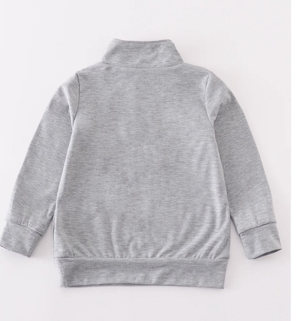 Grey Character Embroidery Zipper Pullover