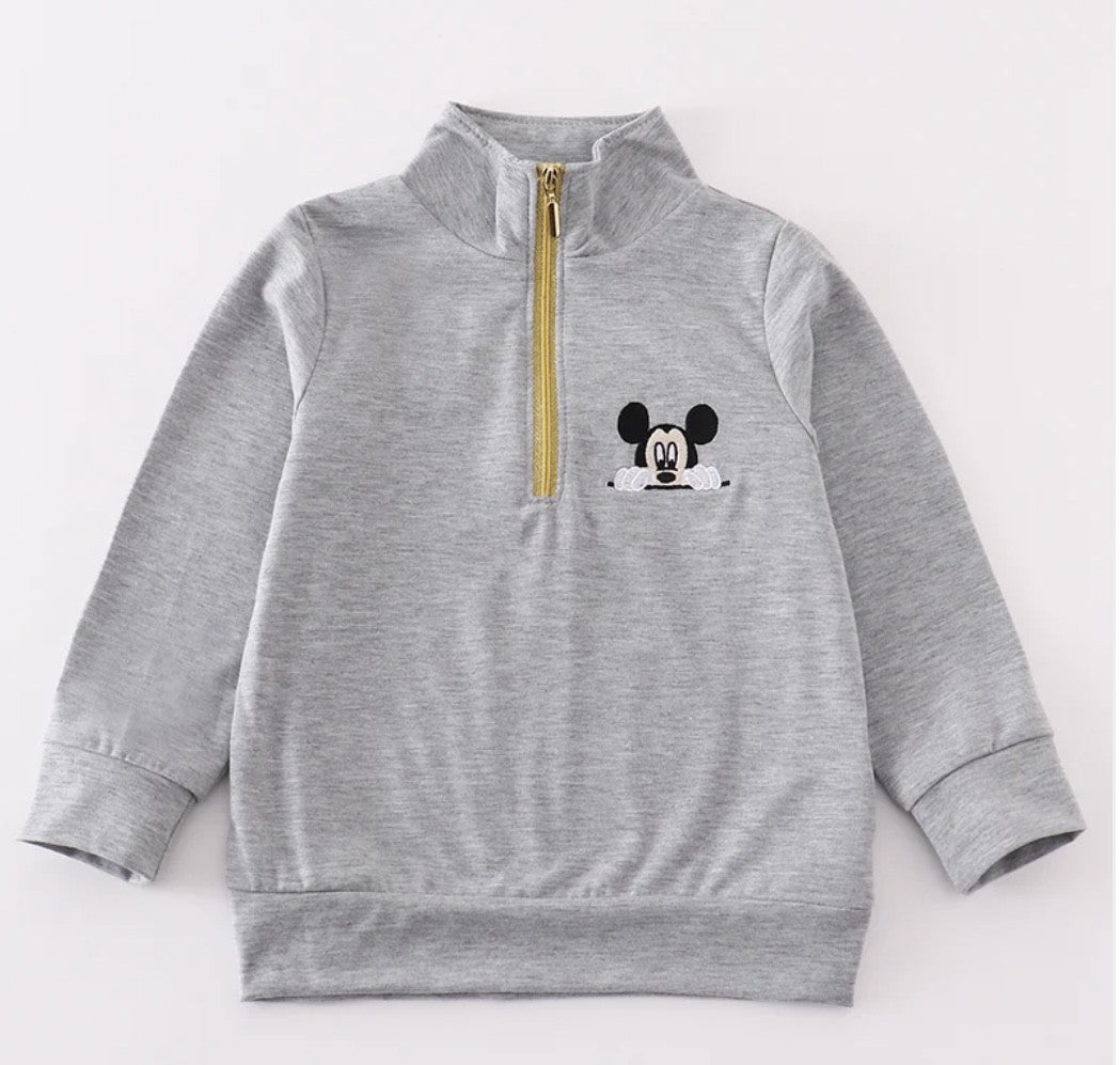 Grey Character Embroidery Zipper Pullover