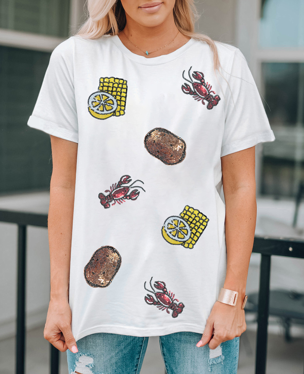 Sequin Crawfish Potato Lemon Corn Graphic White Crewneck T Shirt -Adult