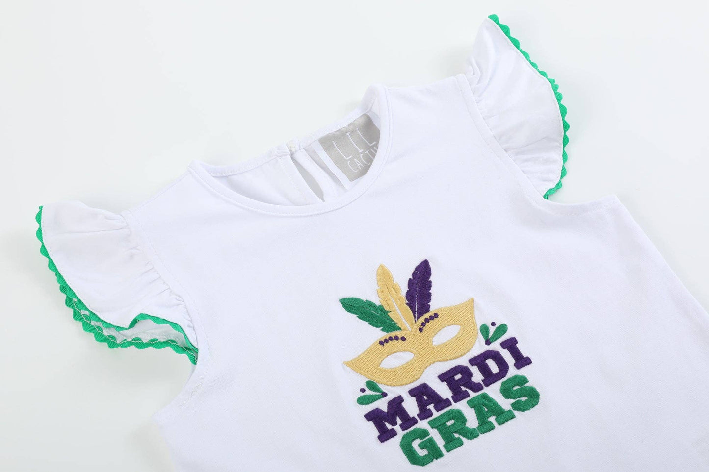 White Mardi Gras Applique Ruffle Shirt