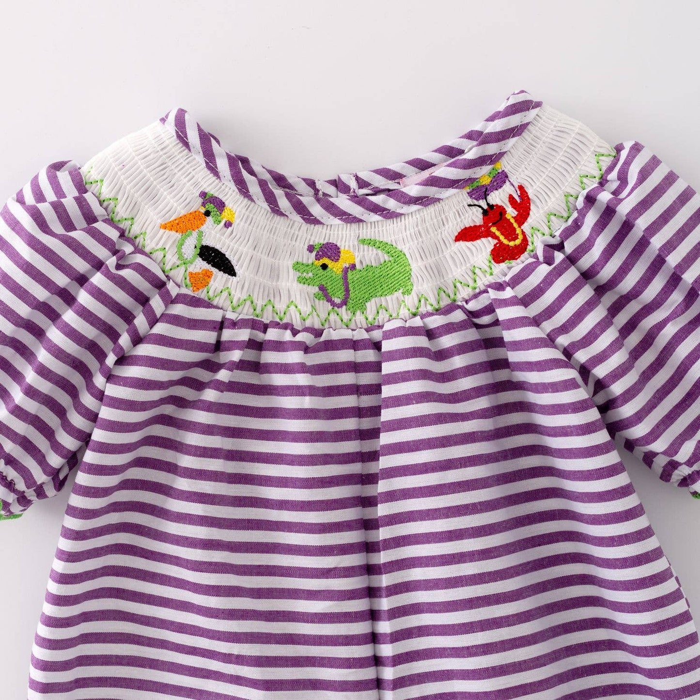 Mardi Gras Smocked Baby Romper