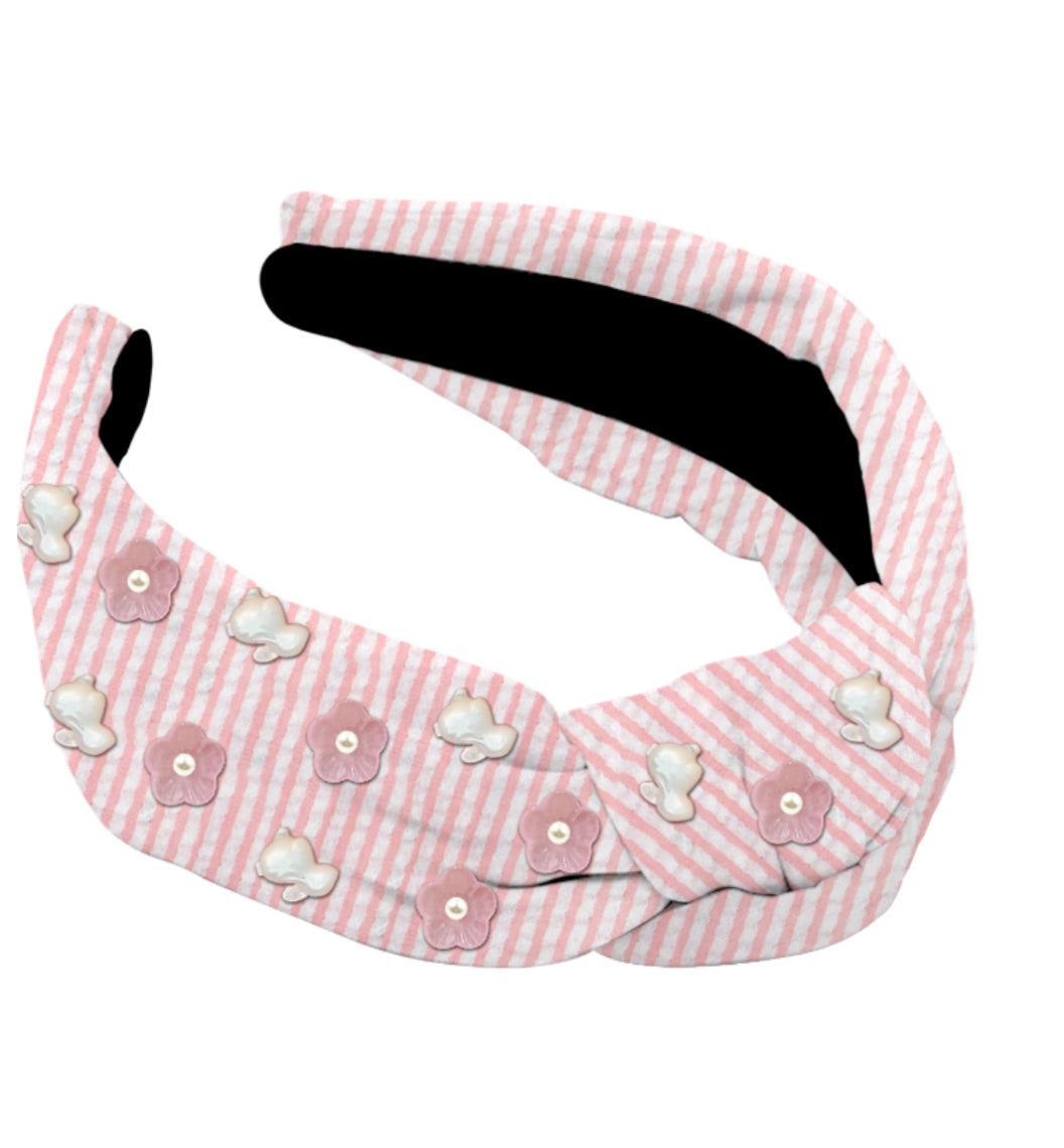 Pink Seersucker Headband with Bunnies, Child Size