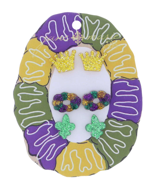 Mardi Gras 3 pk Earrings, Crown, Fleur de lis, King Cake