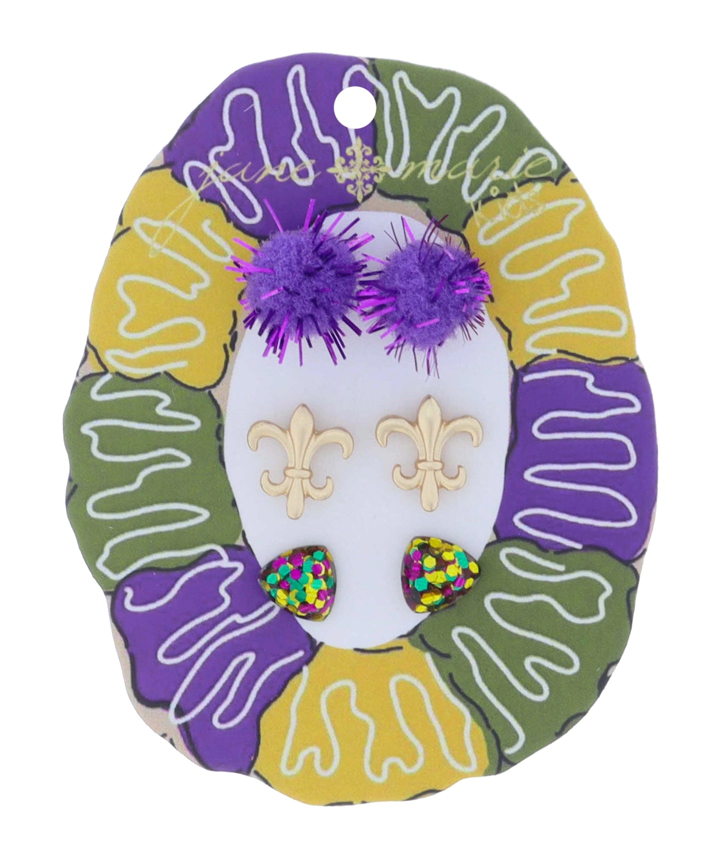 Mardi Gras 3 pk Earrings, Pom Pom, Fleur de lis, Confetti