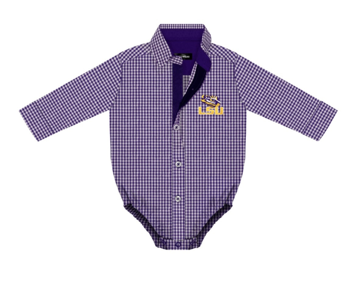 LSU Purple Gingham Bodysuit w/Bowtie